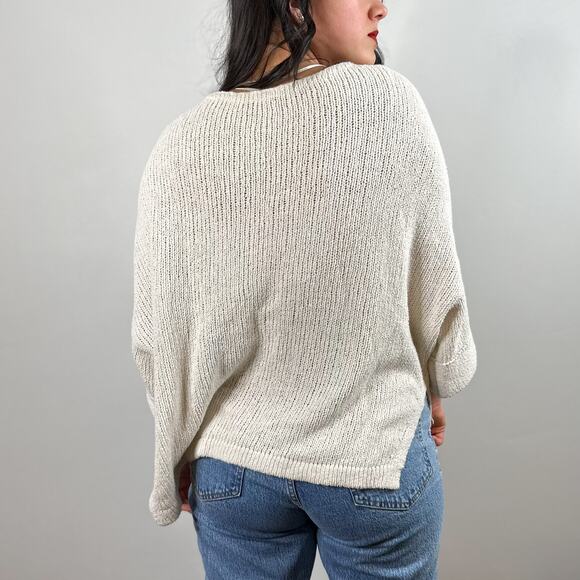 Free People Cream Oversized V-Neck Open Knit Front Pocket Sweater - Picture 5 of 7